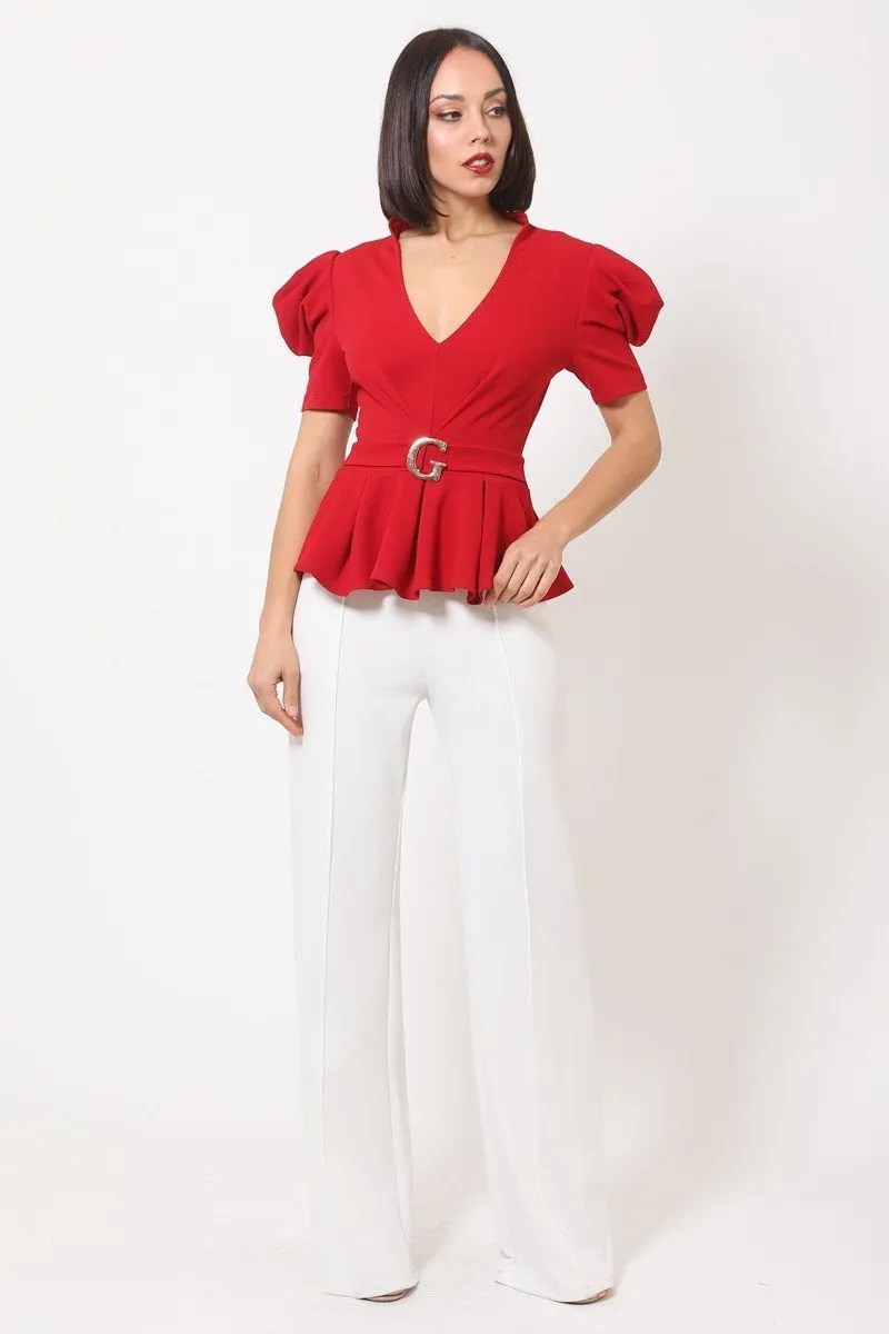 Women's Draped Puff Shoulder Fashion Top With G Buckle Detail