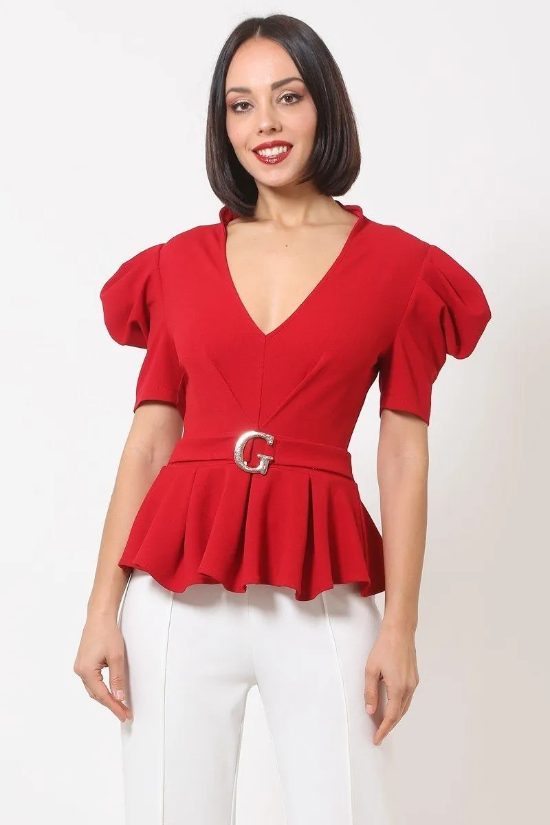 Women's Draped Puff Shoulder Fashion Top With G Buckle Detail