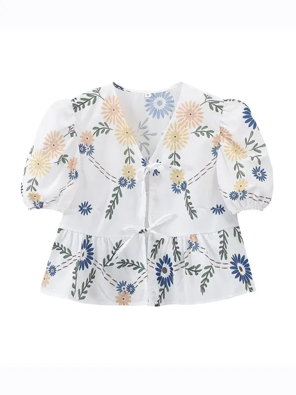 Women's Floral Tie-Up Puff Sleeve Blouse