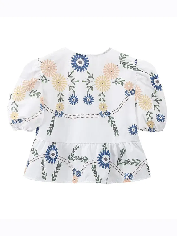 Women's Floral Tie-Up Puff Sleeve Blouse