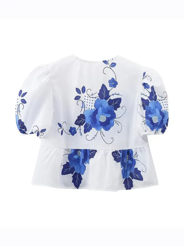 Women's Floral Tie-Up Puff Sleeve Blouse