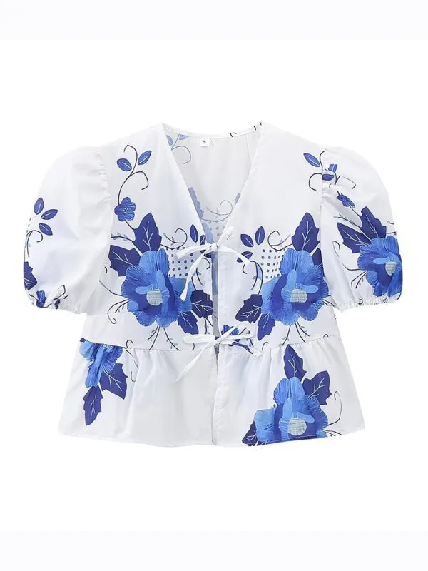 Women's Floral Tie-Up Puff Sleeve Blouse