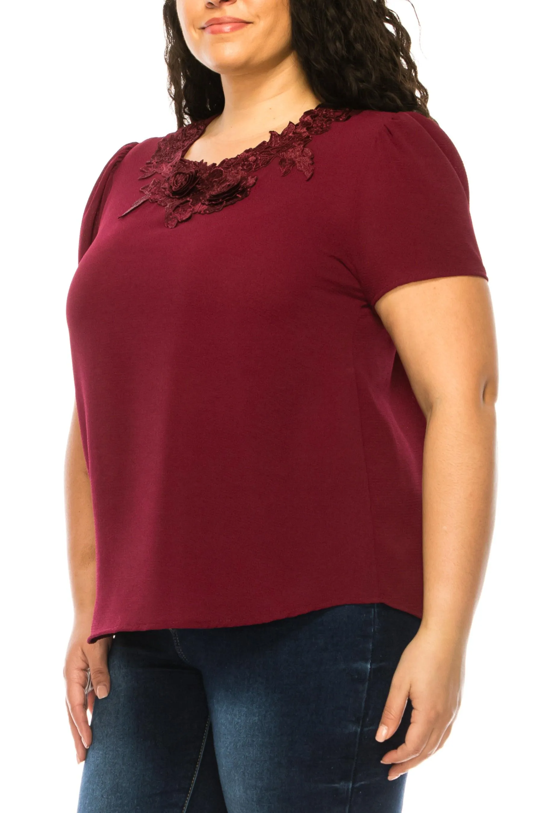 Women's Plus Size Short Sleeve Top with Puff Sleeves Lace Accent Round Neck