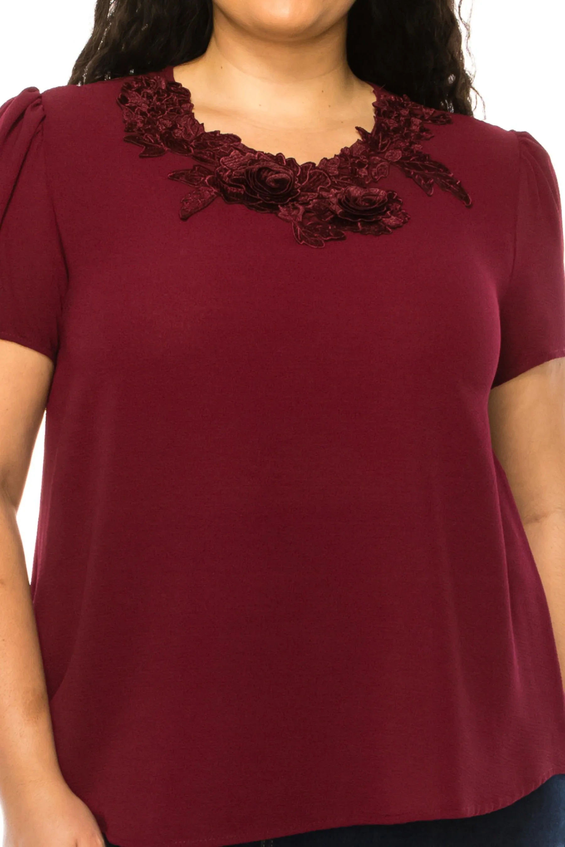 Women's Plus Size Short Sleeve Top with Puff Sleeves Lace Accent Round Neck