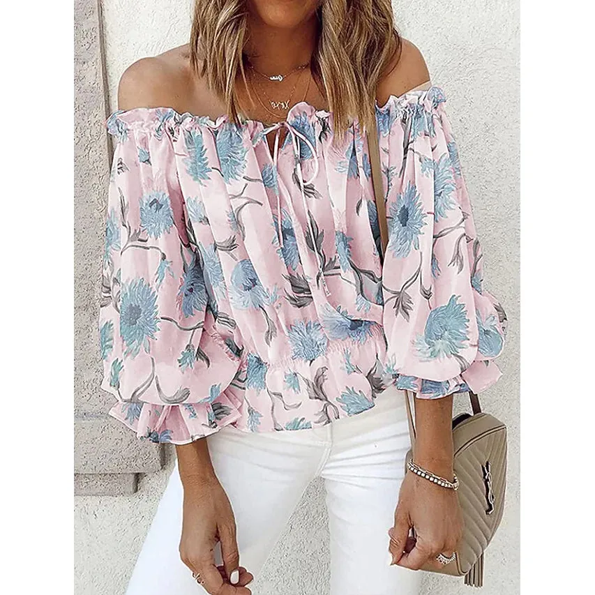 Women's T-Shirt Floral Print Off Shoulder Top Puff Sleeves