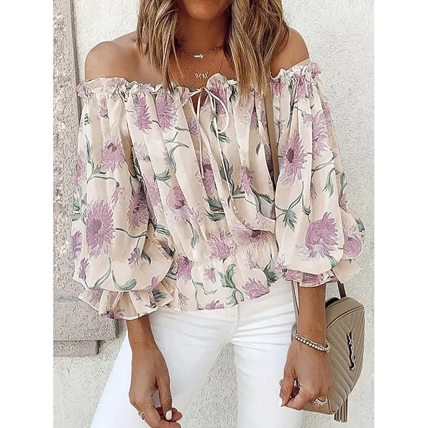 Women's T-Shirt Floral Print Off Shoulder Top Puff Sleeves