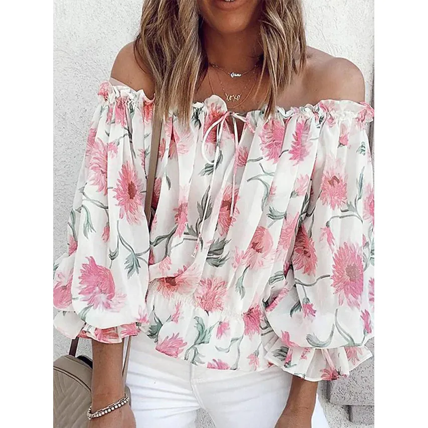 Women's T-Shirt Floral Print Off Shoulder Top Puff Sleeves