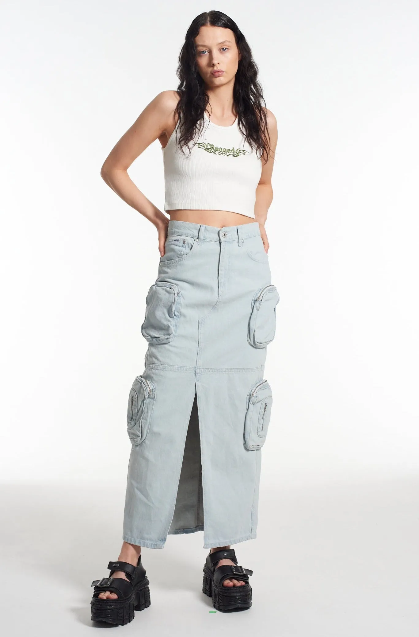 Zip Combat Maxi Skirt Stonewash