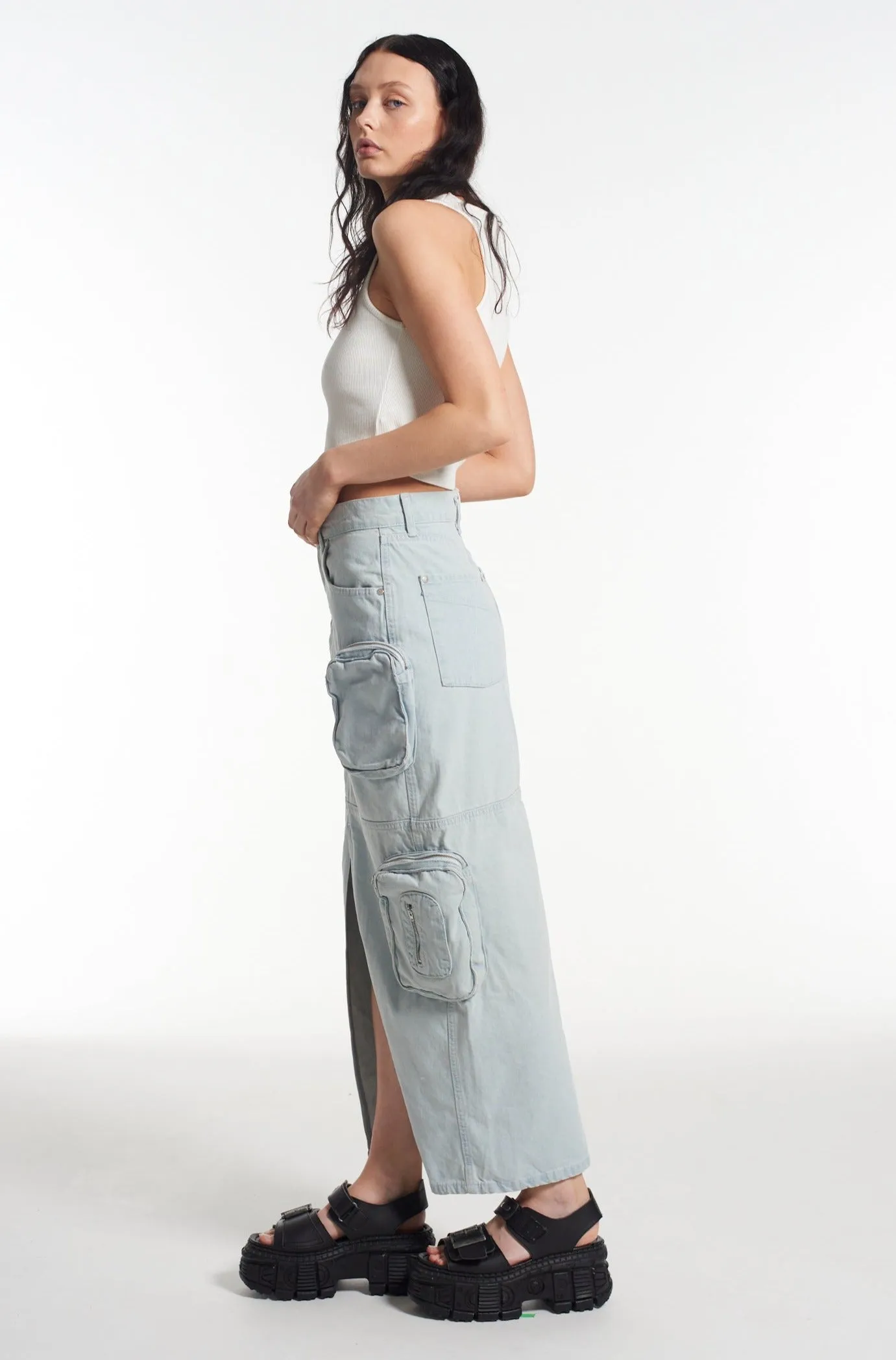 Zip Combat Maxi Skirt Stonewash