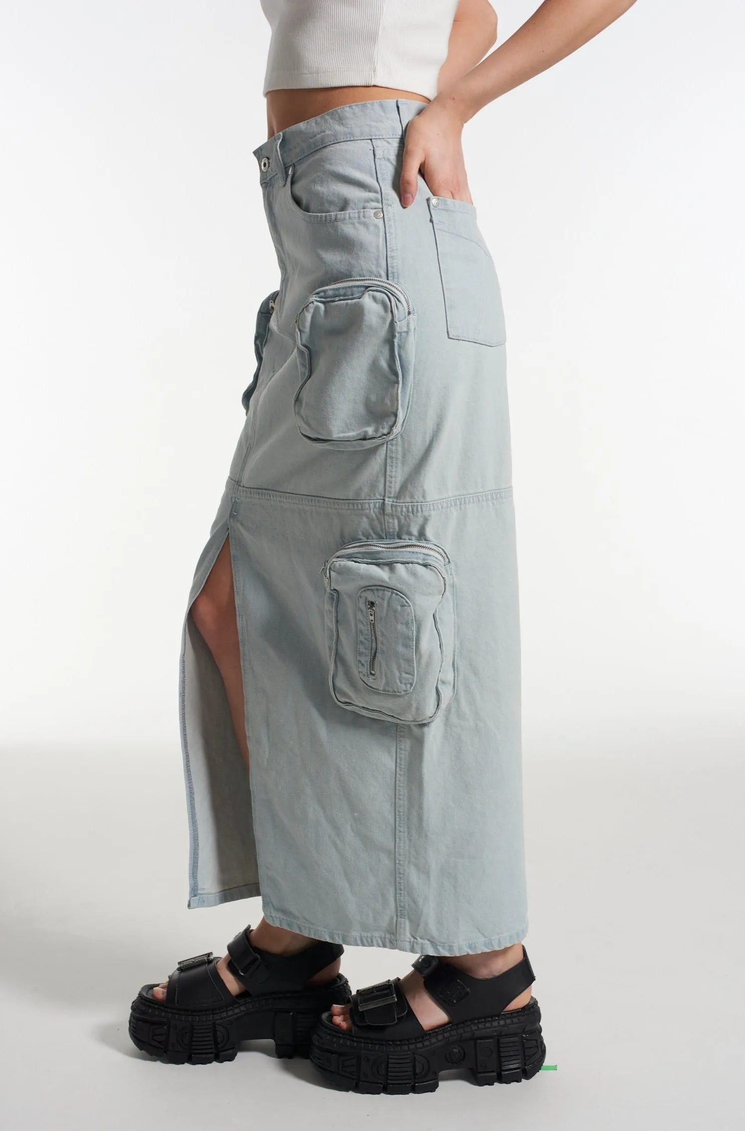 Zip Combat Maxi Skirt Stonewash