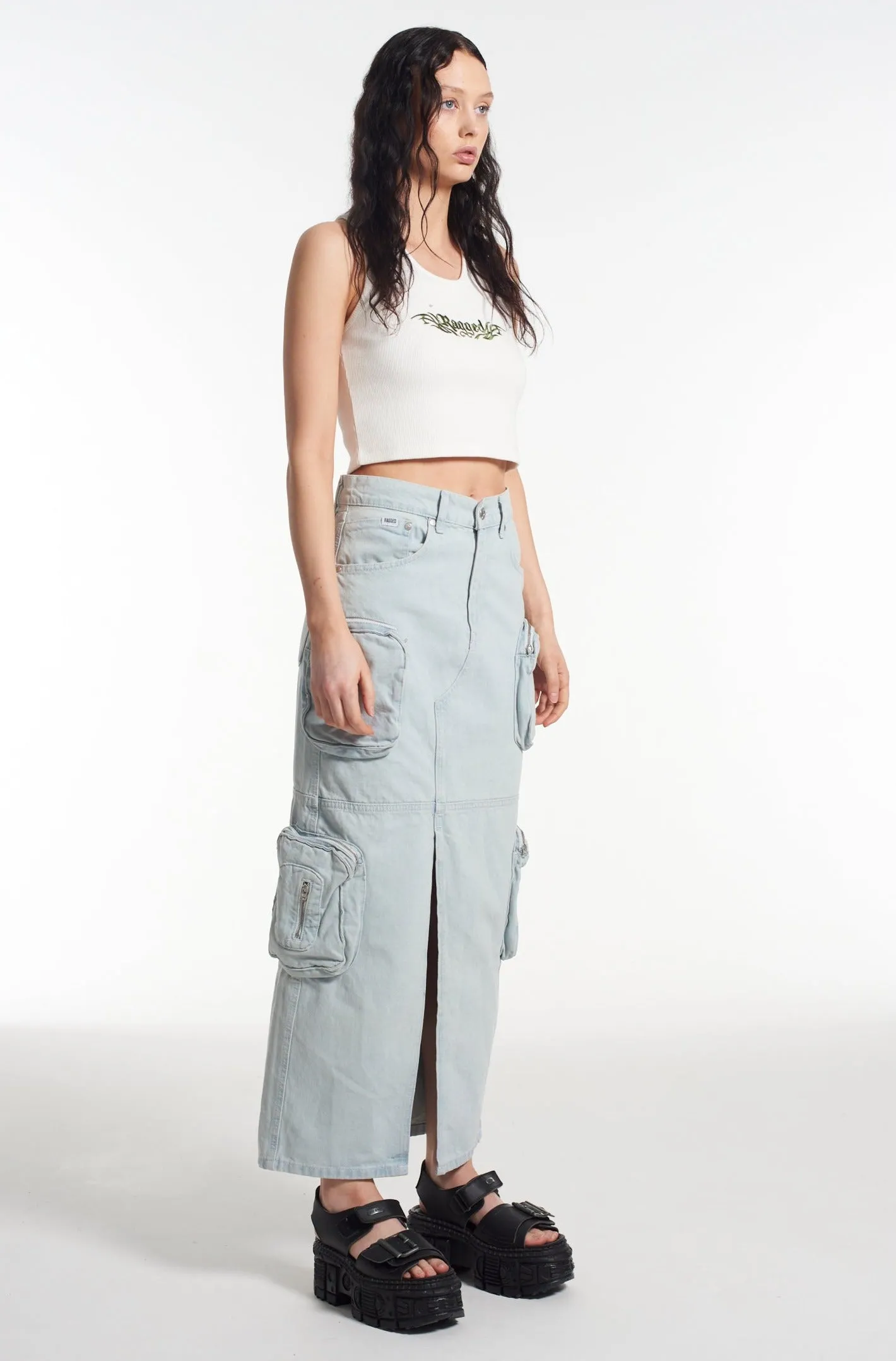 Zip Combat Maxi Skirt Stonewash